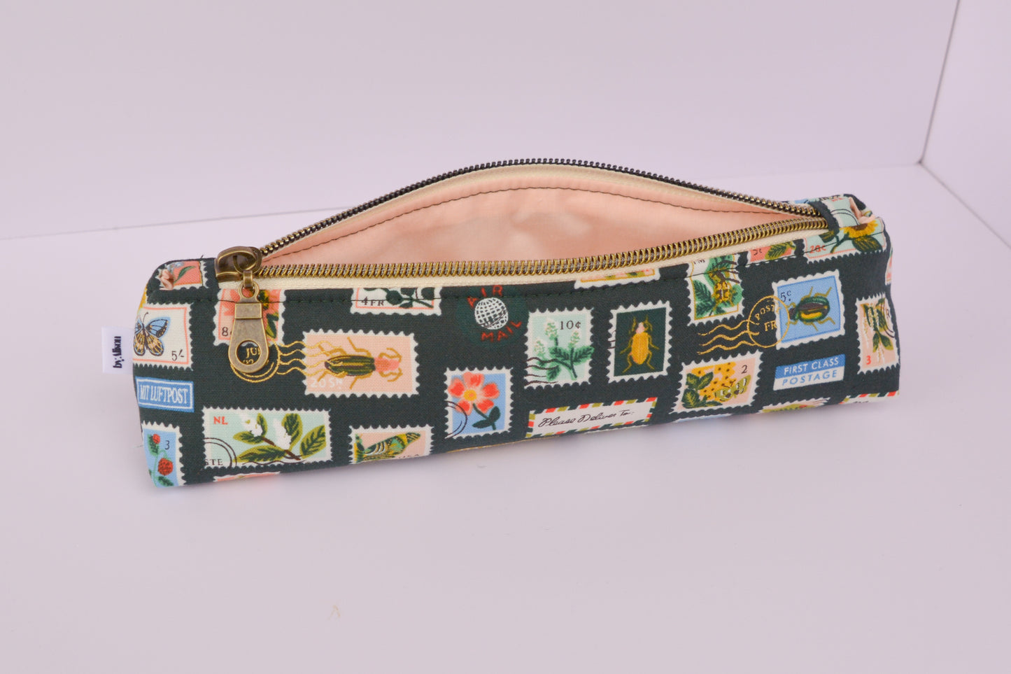 Large Pencil pouch in Green Bugs & Flowers Stamps