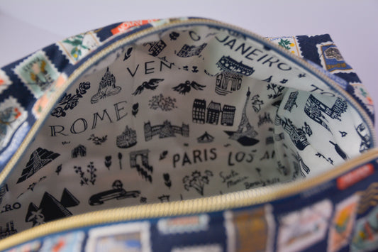 Travel Stamps Boxy Makeup Bag in Navy