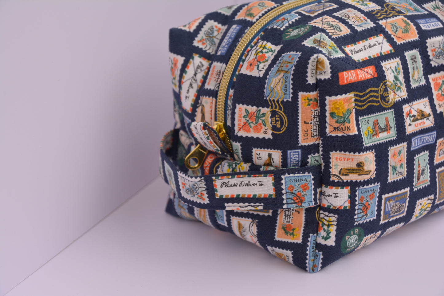 Travel Stamps Boxy Makeup Bag in Navy