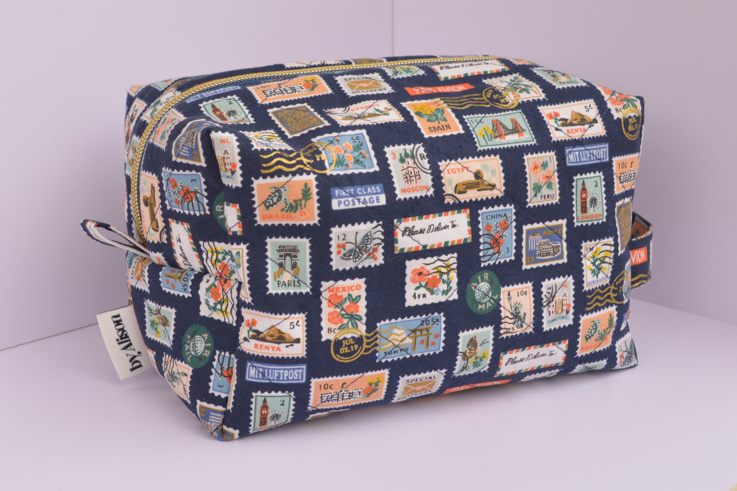 Travel Stamps Boxy Makeup Bag in Navy