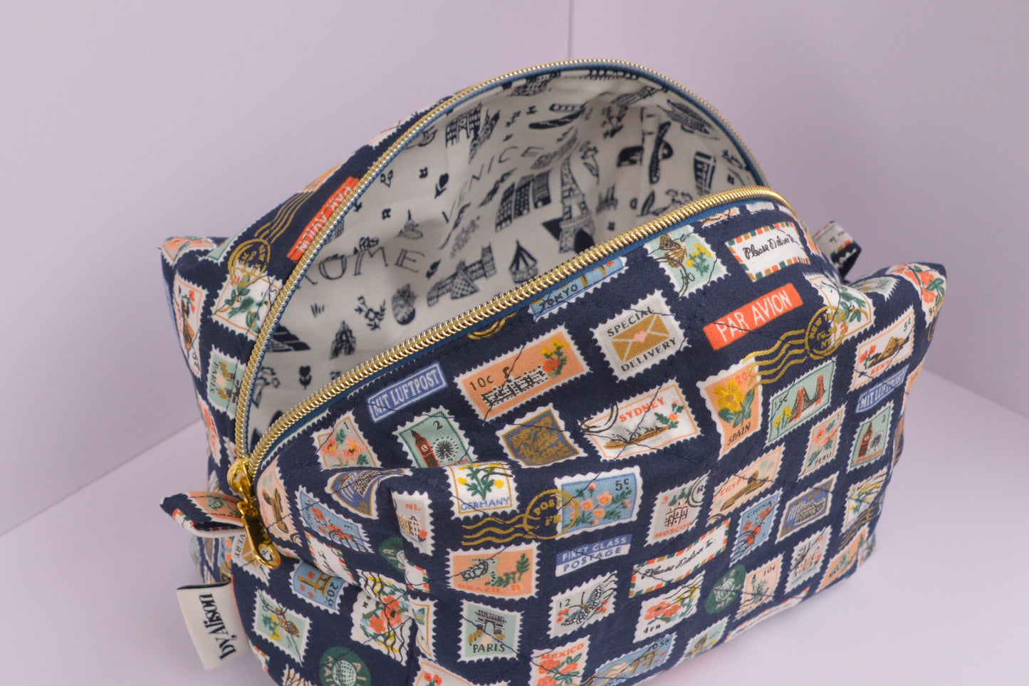 Travel Stamps Boxy Makeup Bag in Navy