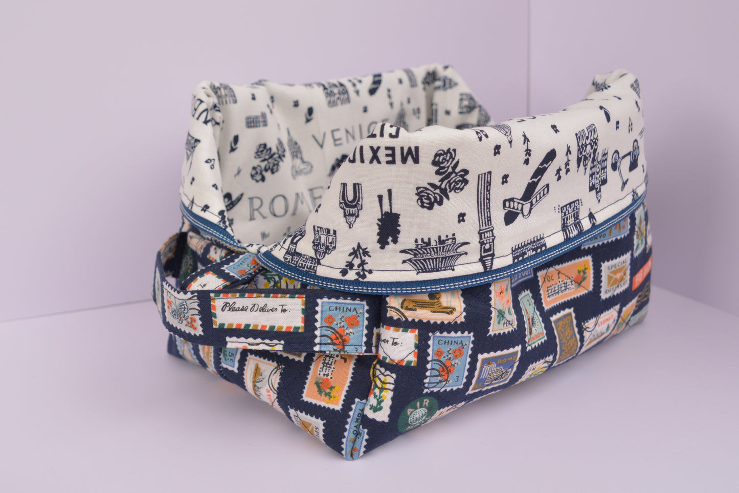 Travel Stamps Boxy Makeup Bag in Navy