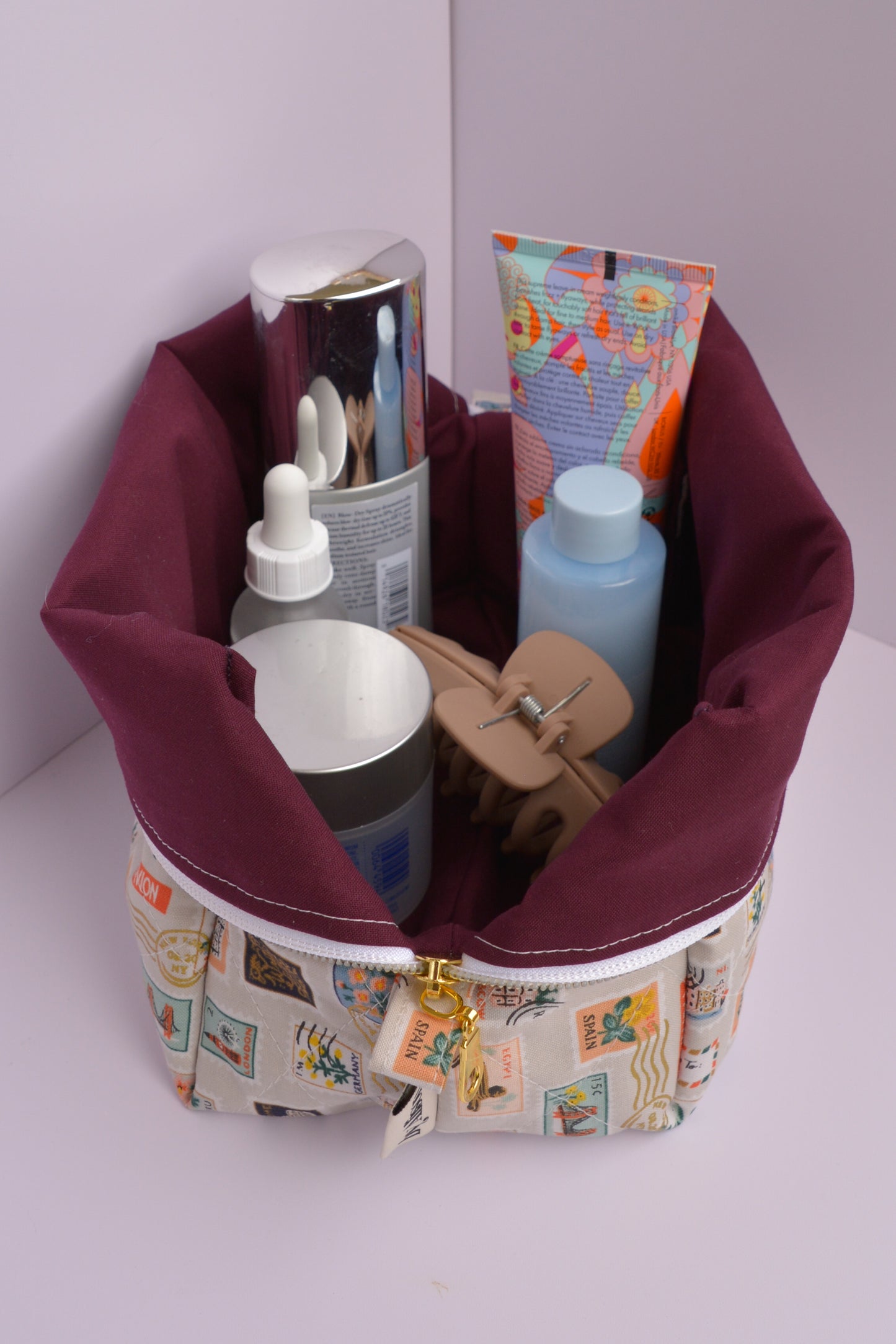 Travel Stamps Boxy Makeup Bag in Tan