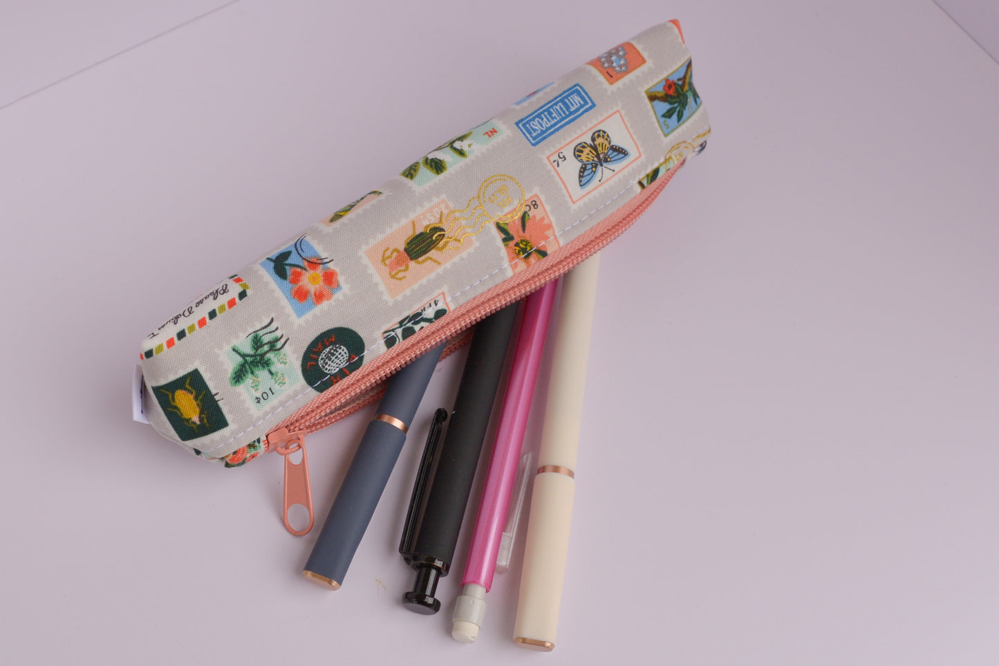 Small Pencil pouch in Tan Bugs & Flowers Stamps