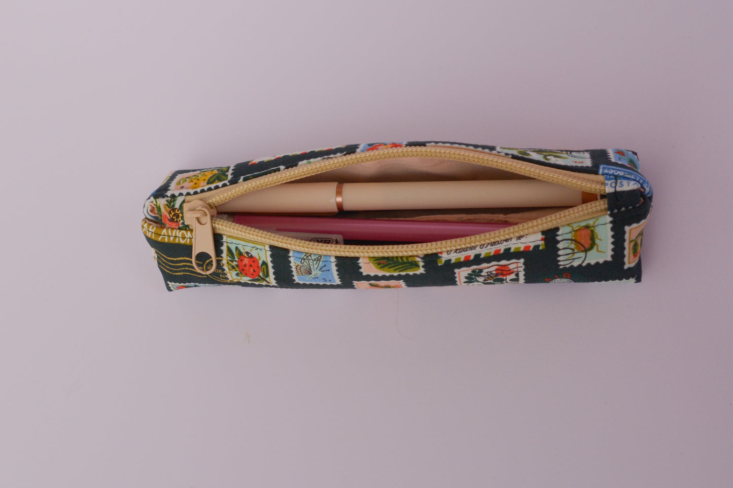 Small Pencil pouch in Green Bugs & Flowers Stamps