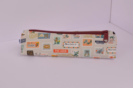 Large Pencil pouch in Tan travel stamps