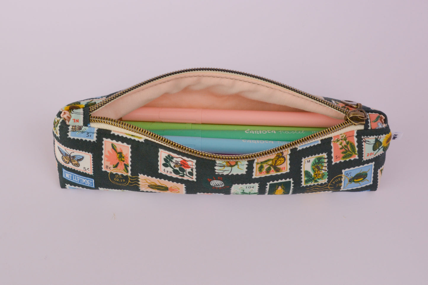 Large Pencil pouch in Green Bugs & Flowers Stamps