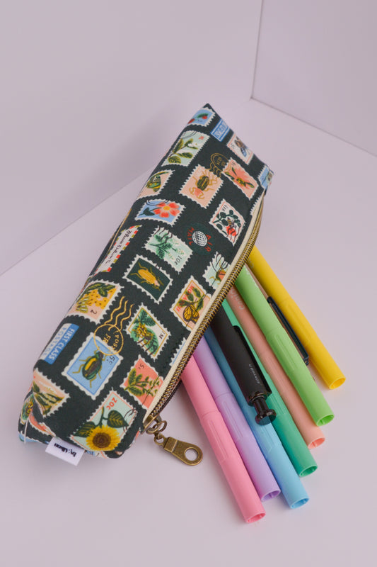 Large Pencil pouch in Green Bugs & Flowers Stamps