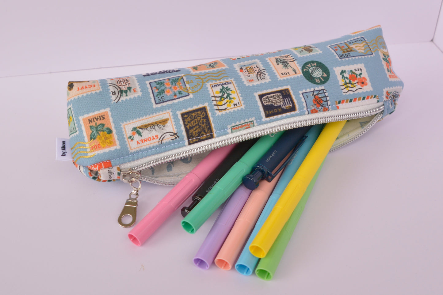 Large Pencil pouch in Light blue stamps