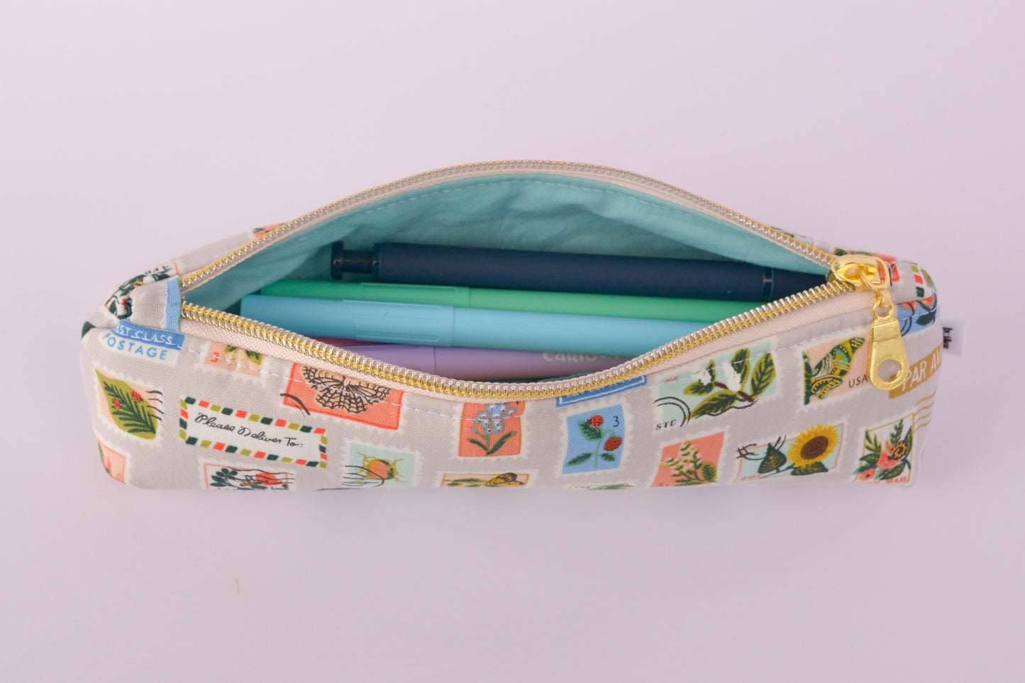 Large Pencil pouch in Tan Bugs & Flowers Stamps