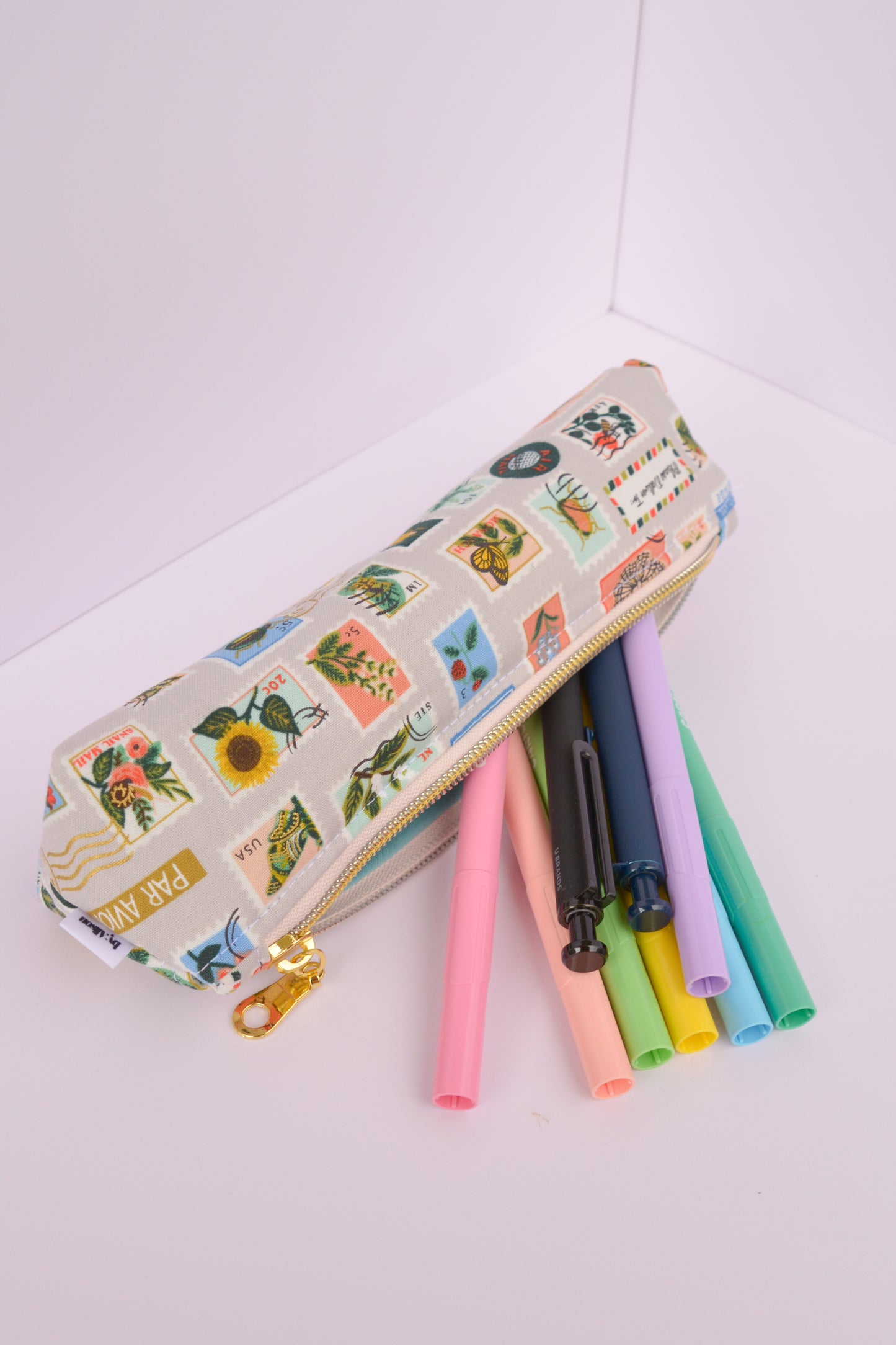 Large Pencil pouch in Tan Bugs & Flowers Stamps