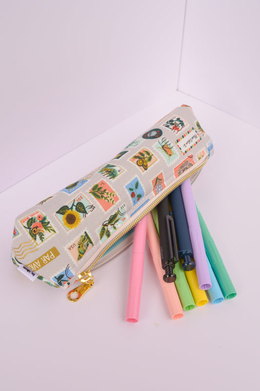 Large Pencil pouch in Tan Bugs & Flowers Stamps