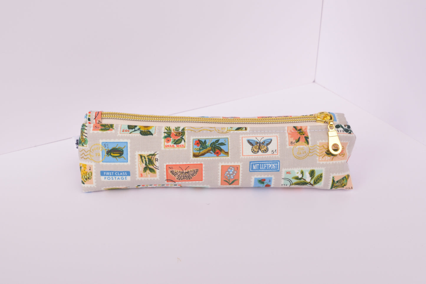 Large Pencil pouch in Tan Bugs & Flowers Stamps