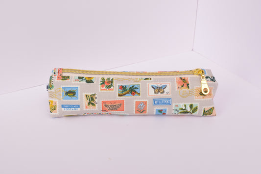 Large Pencil pouch in Tan Bugs & Flowers Stamps